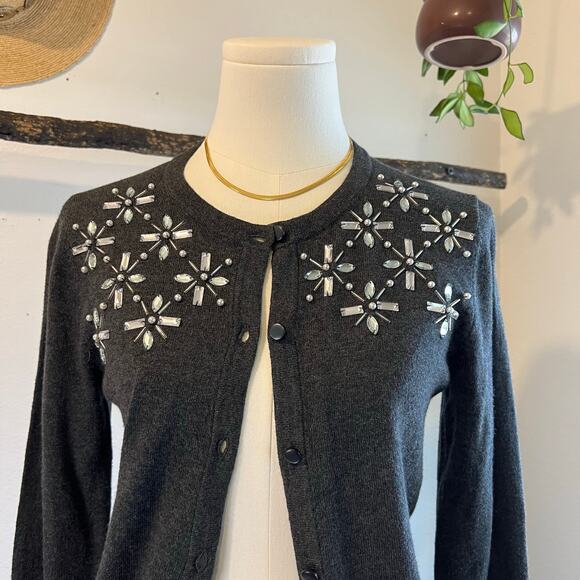Gray Button Front Crystal Embroidered Holiday Winter Cardigan Sweater Size XS - Picture 8 of 11